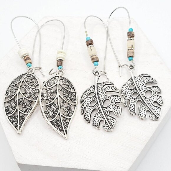 2 Drop Dangle Leaf Earrings Silver Tone Boho Bohemian 2.75" Large Hooks EUC - Picture 1 of 5
